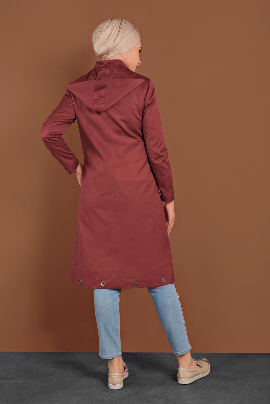 Tesettür giyim KAHVE KAPÜŞONLU FERMUARLI TRENÇKOT 1310