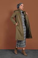 Tesettür giyim YEŞİL KAPÜŞONLU FERMUARLI TRENÇKOT 1310