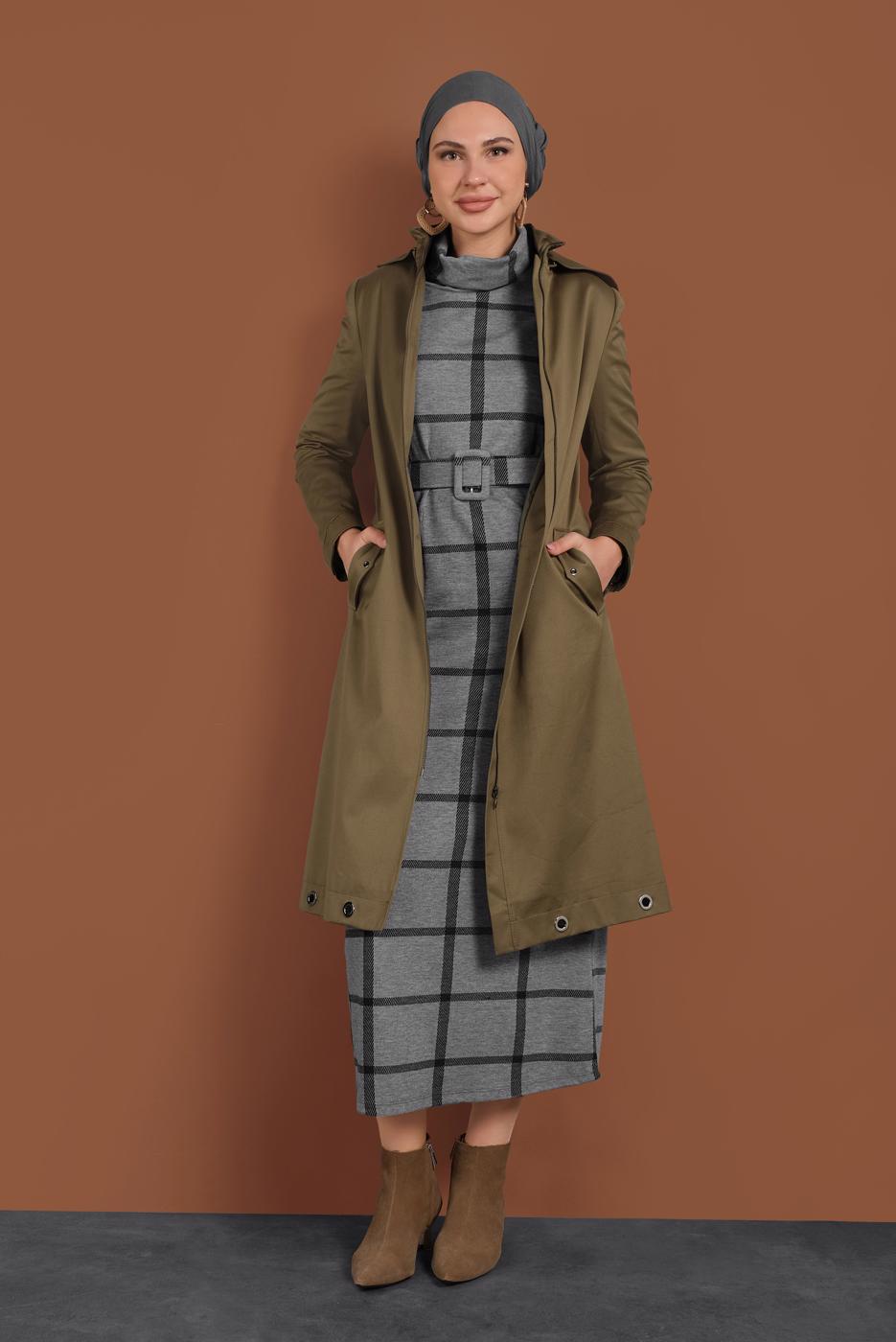 Tesettür giyim YEŞİL KAPÜŞONLU FERMUARLI TRENÇKOT 1310