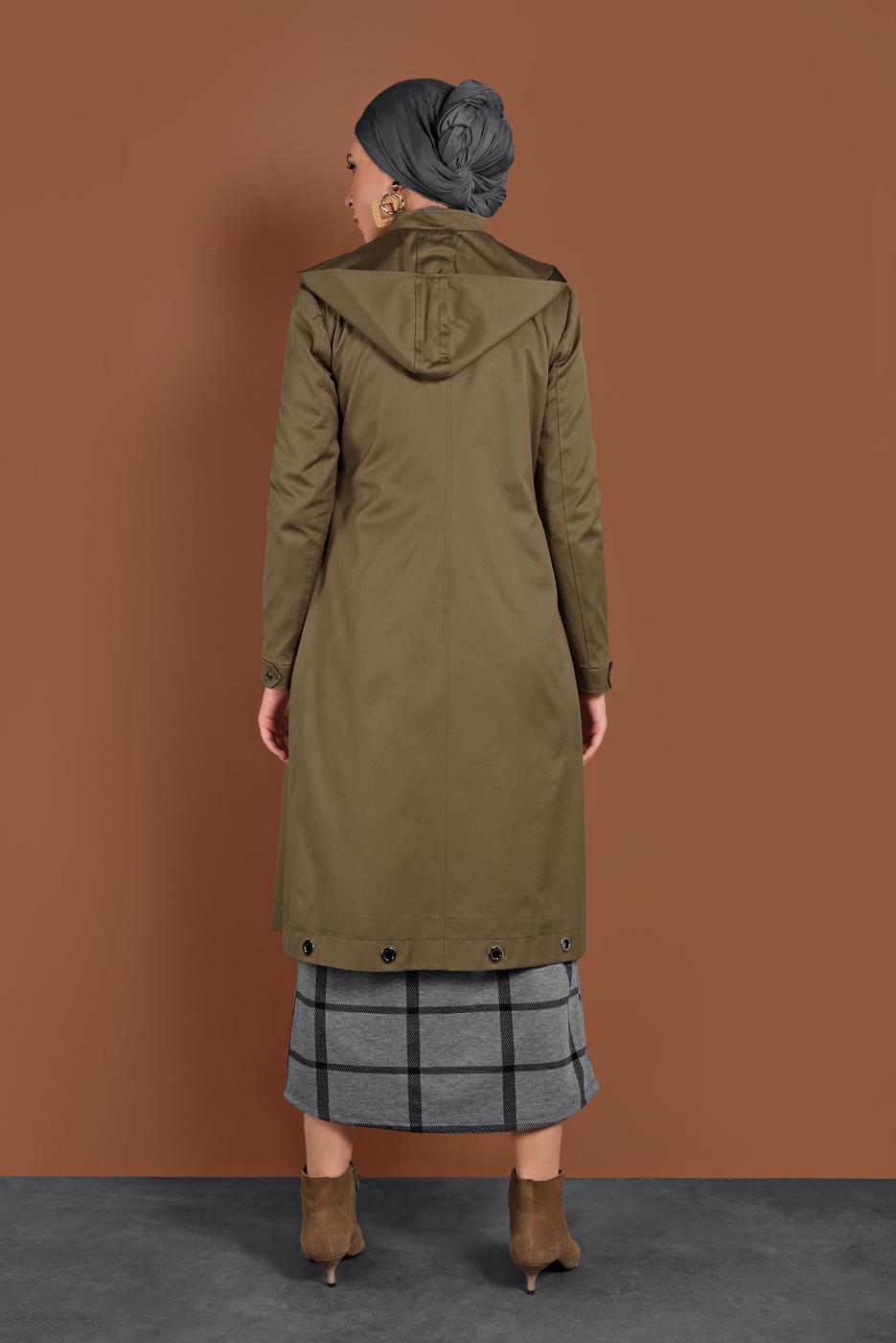 Tesettür giyim YEŞİL KAPÜŞONLU FERMUARLI TRENÇKOT 1310