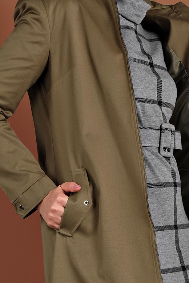 Tesettür giyim YEŞİL KAPÜŞONLU FERMUARLI TRENÇKOT 1310 - TRENDTESETTÜR