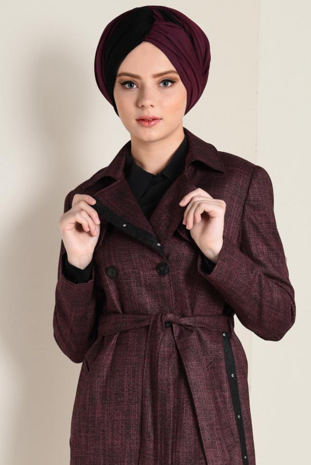 Vêtements hijab NOIR IMPERMÉABLE À CROISÉ À CLOUTÉ AVEC CEINTURE 1320 - TRENDTESETTÜR