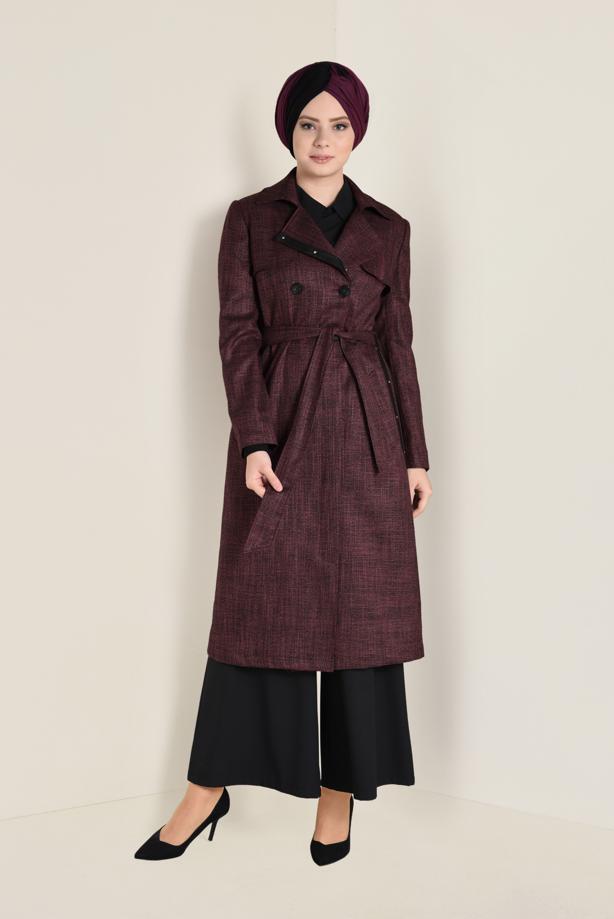 Vêtements hijab NOIR IMPERMÉABLE À CROISÉ À CLOUTÉ AVEC CEINTURE 1320 - TRENDTESETTÜR