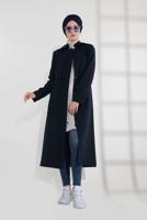 Tesettür giyim LACİVERT BELDEN BAĞCIKLI HAKİM YAKA KAPÜŞONLU TRENÇKOT 1324