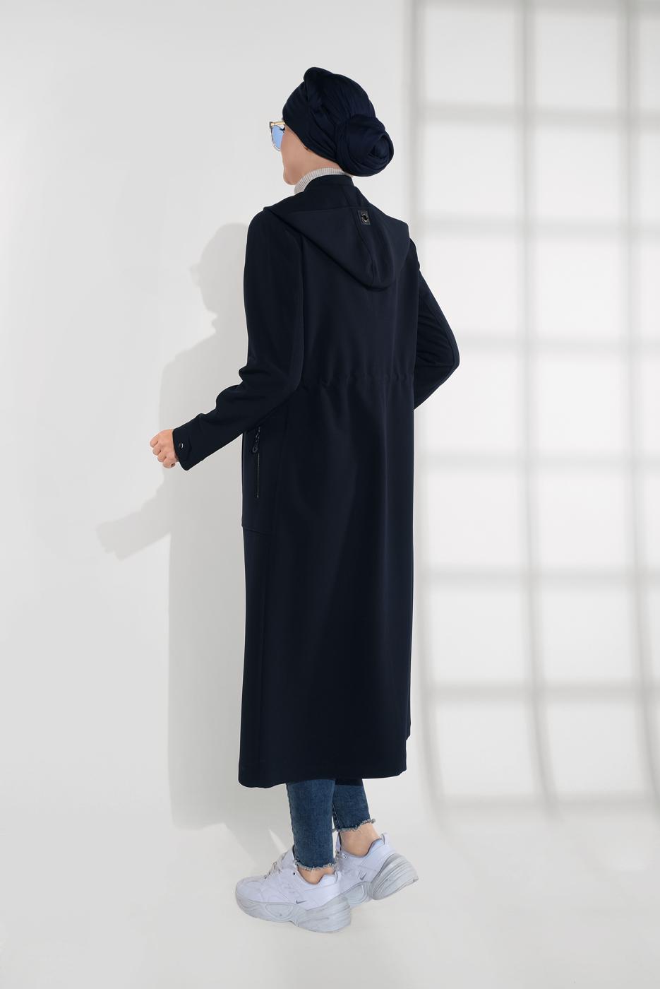 Tesettür giyim LACİVERT BELDEN BAĞCIKLI HAKİM YAKA KAPÜŞONLU TRENÇKOT 1324