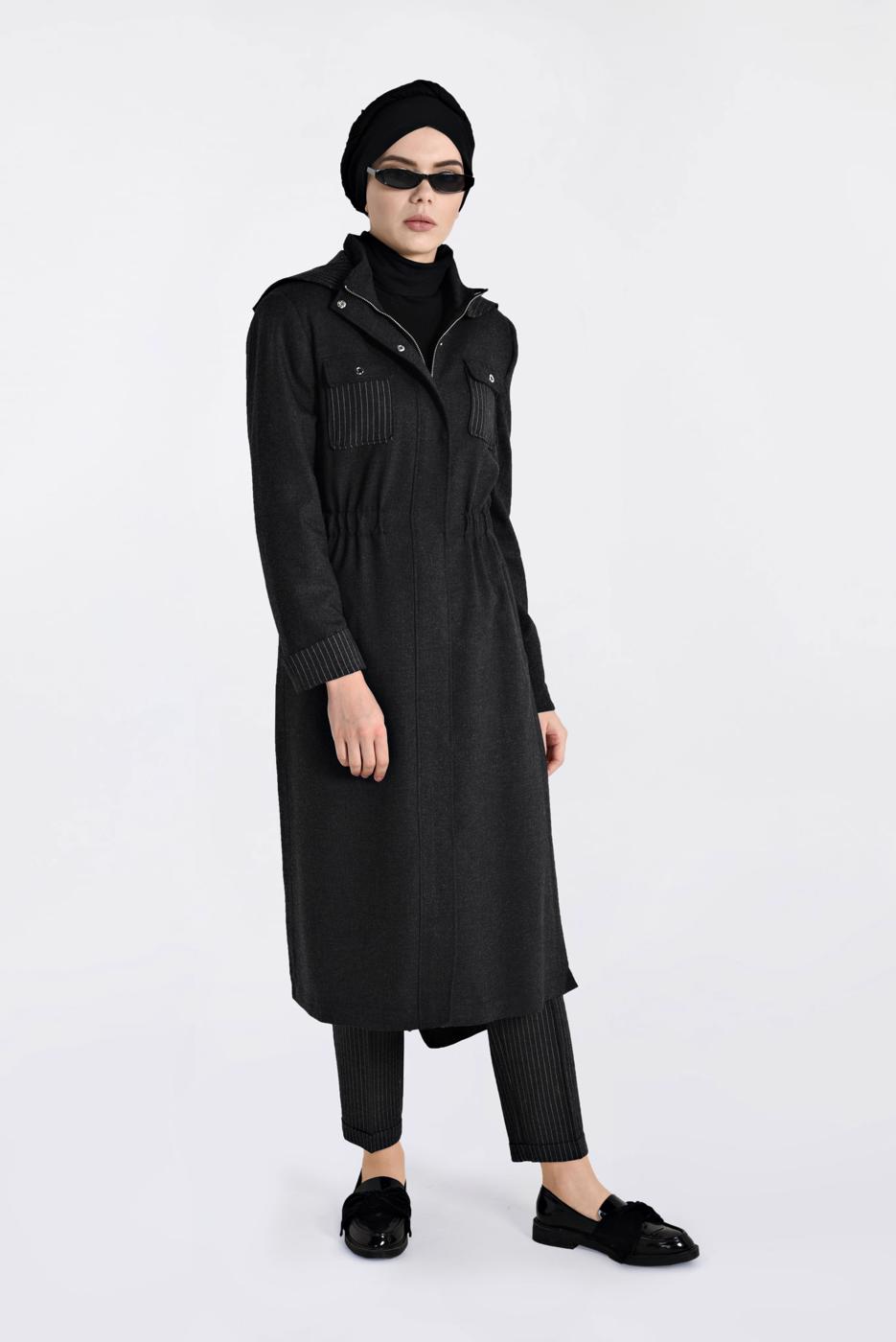 Hijab clothing BLACK HIDDEN ZIPPED HOODED ELASTIC-WAIST TRENCH-COAT 1334 