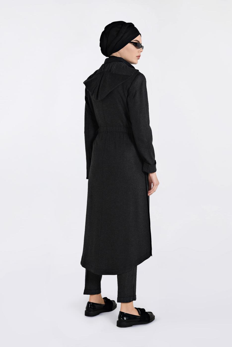Hijab clothing BLACK HIDDEN ZIPPED HOODED ELASTIC-WAIST TRENCH-COAT 1334 