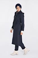 Tesettür giyim LACİVERT GİZLİ FERMUARLI BELİ LASTİKLİ KAPÜŞONLU TRENÇKOT 1334