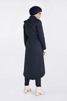 Tesettür giyim LACİVERT GİZLİ FERMUARLI BELİ LASTİKLİ KAPÜŞONLU TRENÇKOT 1334