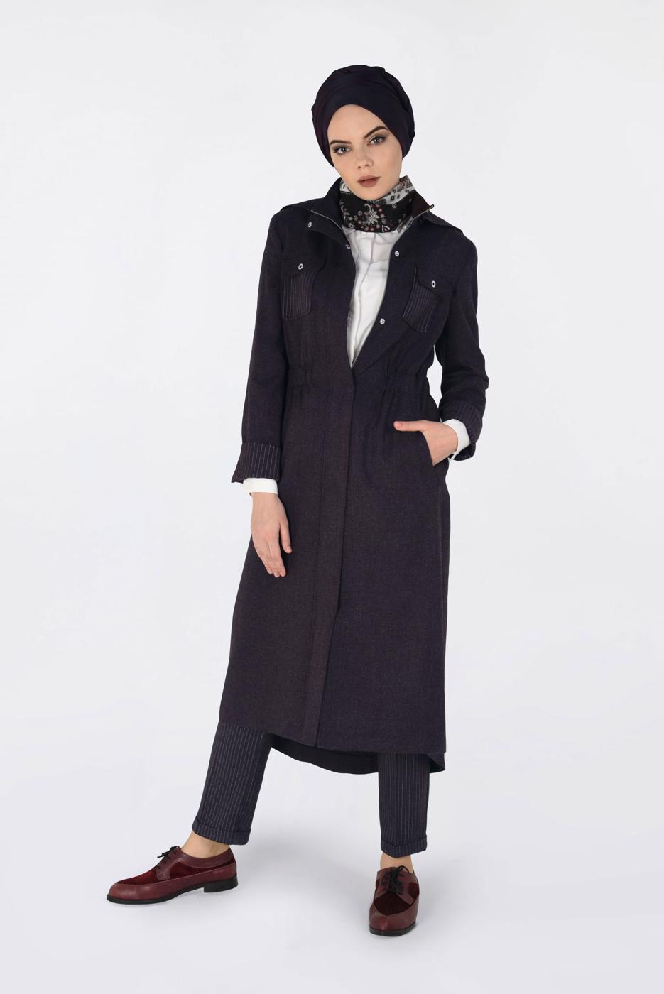 Tesettür giyim MÜRDÜM GİZLİ FERMUARLI BELİ LASTİKLİ KAPÜŞONLU TRENÇKOT 1334