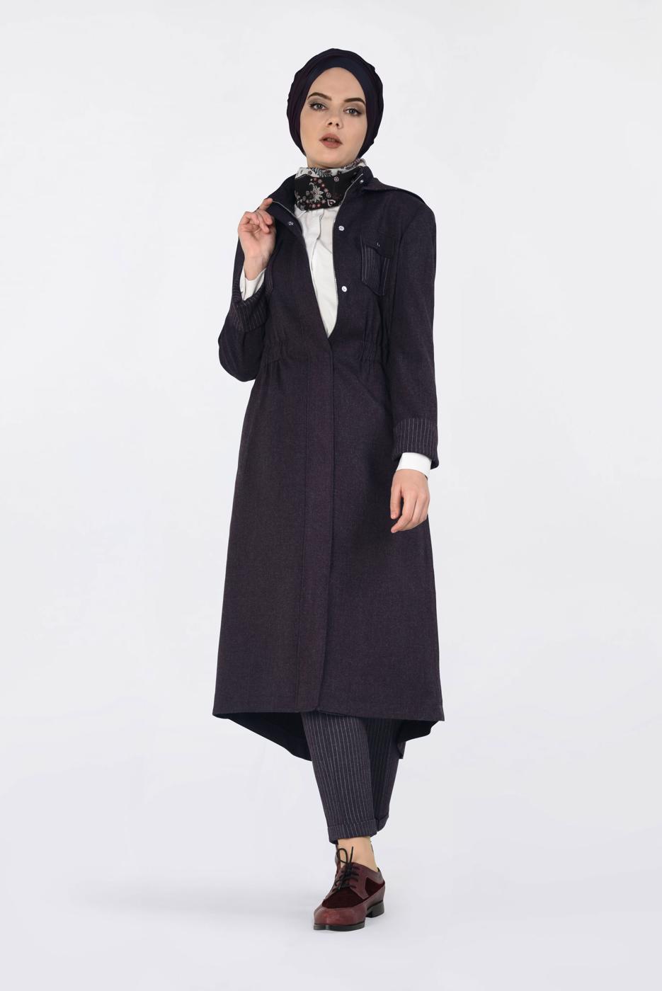 Tesettür giyim MÜRDÜM GİZLİ FERMUARLI BELİ LASTİKLİ KAPÜŞONLU TRENÇKOT 1334