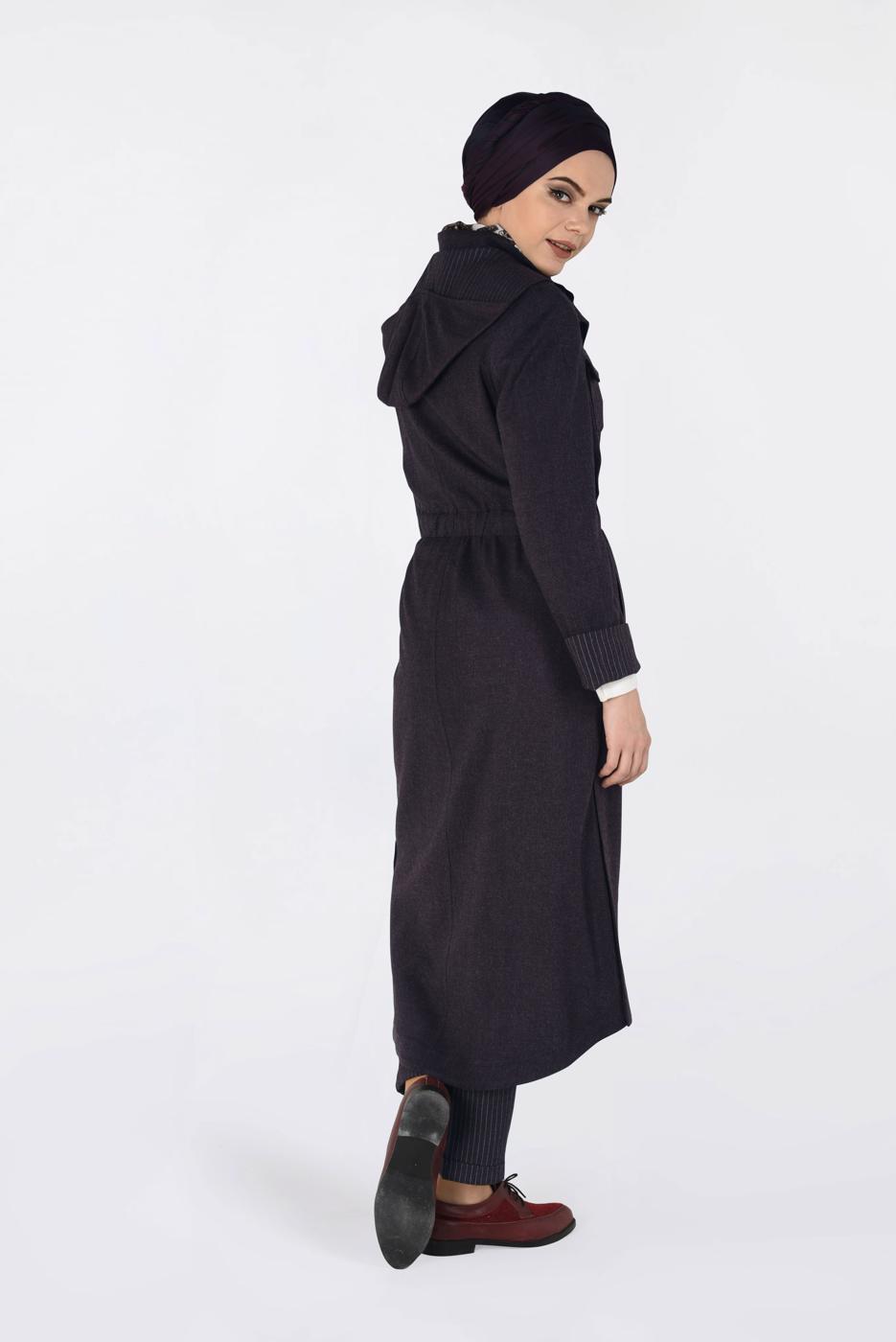 Tesettür giyim MÜRDÜM GİZLİ FERMUARLI BELİ LASTİKLİ KAPÜŞONLU TRENÇKOT 1334