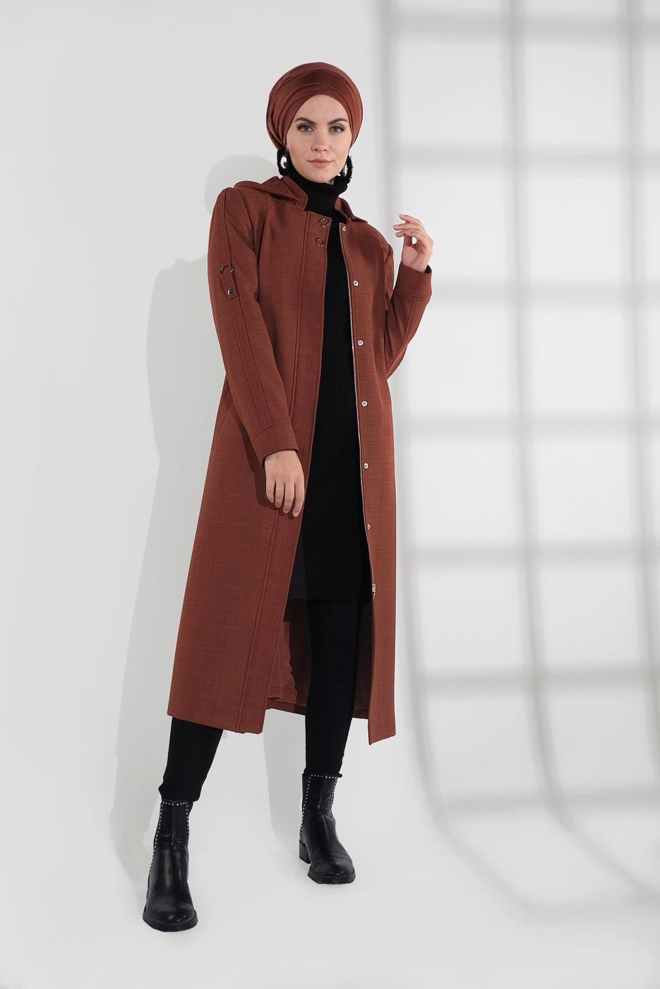 Tesettür giyim KAHVE KAPÜŞONLU  FERMUAR VE ÇITÇIT DETAYLI TRENÇKOT 1337 