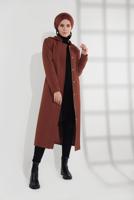 Tesettür giyim KAHVE KAPÜŞONLU  FERMUAR VE ÇITÇIT DETAYLI TRENÇKOT 1337 