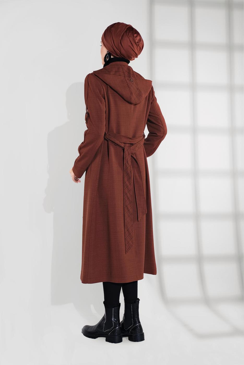 Tesettür giyim KAHVE KAPÜŞONLU  FERMUAR VE ÇITÇIT DETAYLI TRENÇKOT 1337 