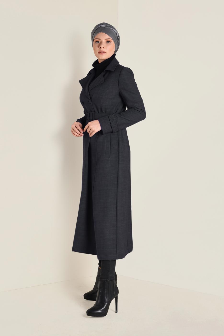 Tesettür giyim GRİ KRUVAZE KEMERLİ TRENÇKOT 1340