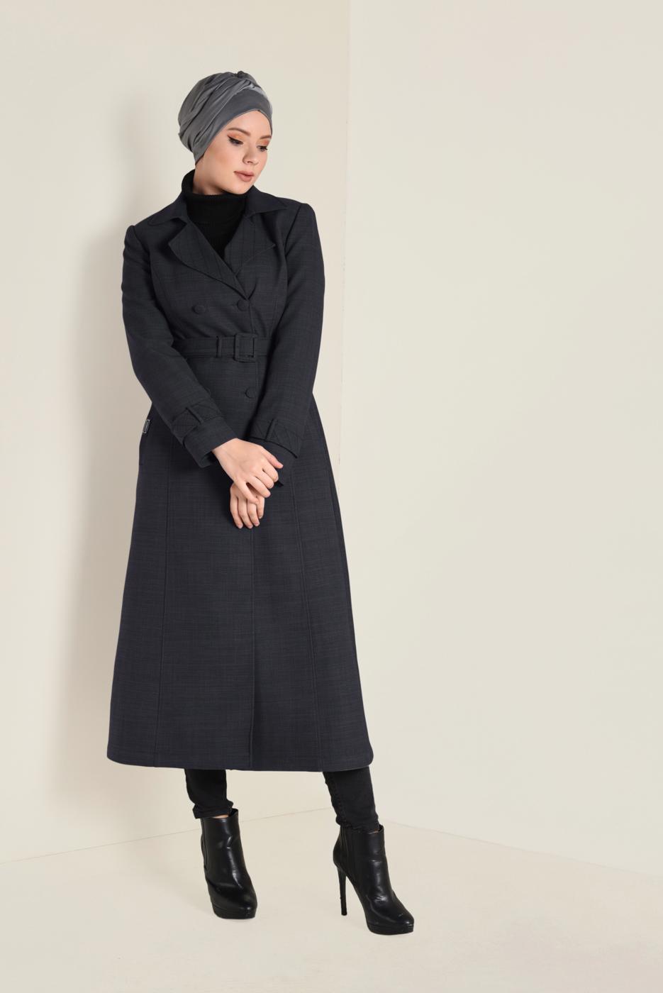 Tesettür giyim GRİ KRUVAZE KEMERLİ TRENÇKOT 1340