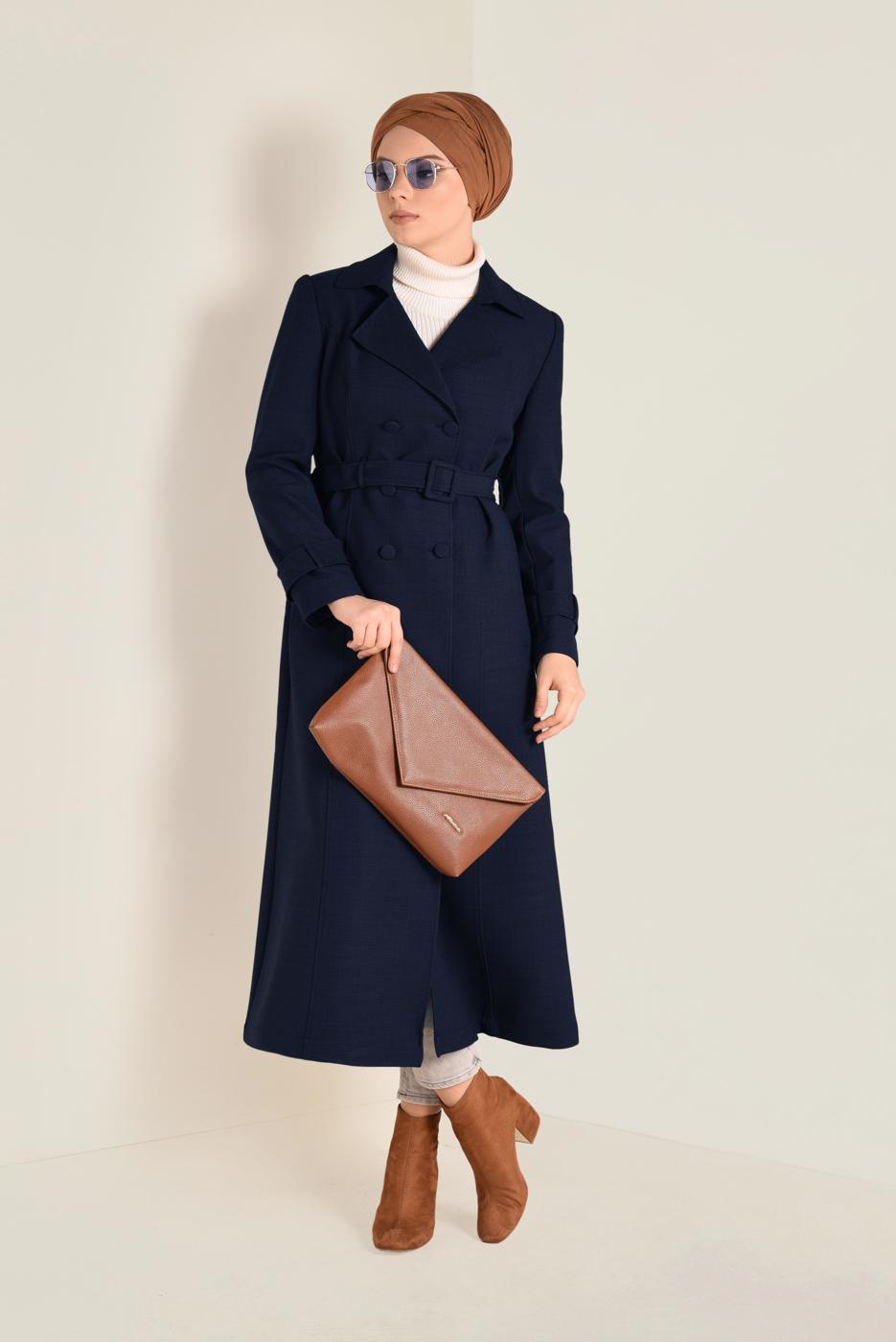 Tesettür giyim LACİVERT KRUVAZE KEMERLİ TRENÇKOT 1340