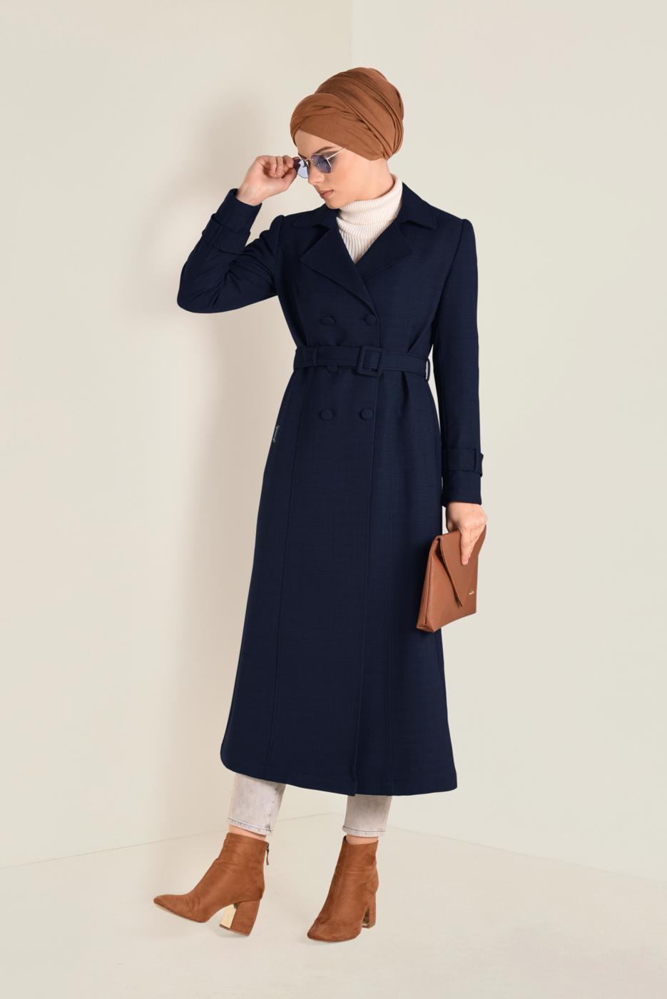 Tesettür giyim LACİVERT KRUVAZE KEMERLİ TRENÇKOT 1340