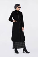 Tesettür giyim SİYAH  BİLEKLERİ VE ETEK UCU LASTİKLİ KAPÜŞONLU TRENÇKOT 1357 