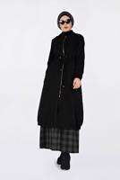 Tesettür giyim SİYAH  BİLEKLERİ VE ETEK UCU LASTİKLİ KAPÜŞONLU TRENÇKOT 1357 