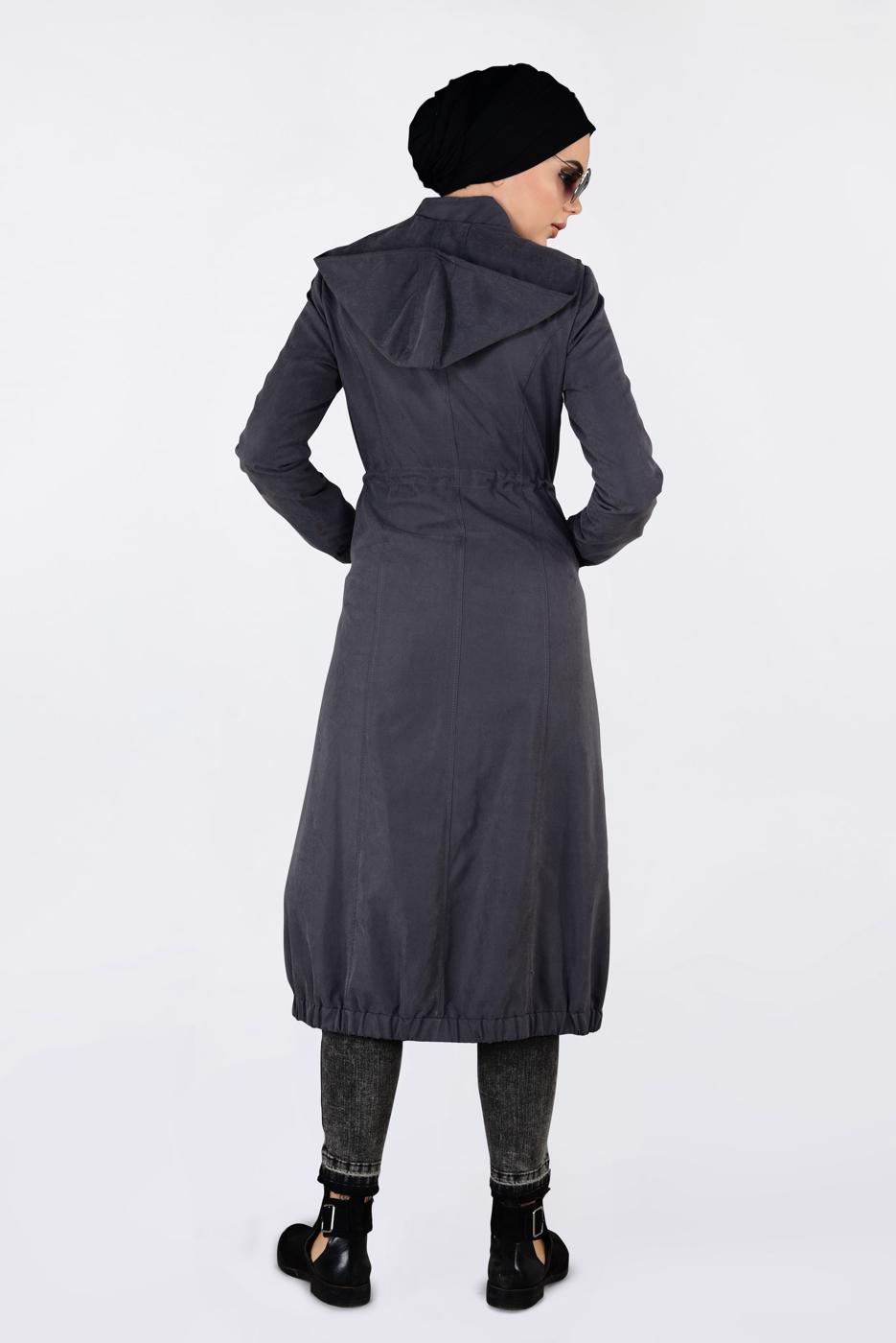 Tesettür giyim GRİ  BİLEKLERİ VE ETEK UCU LASTİKLİ KAPÜŞONLU TRENÇKOT 1357 