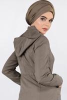 Tesettür giyim KAHVE BİLEKLERİ VE ETEK UCU LASTİKLİ KAPÜŞONLU TRENÇKOT 1357 