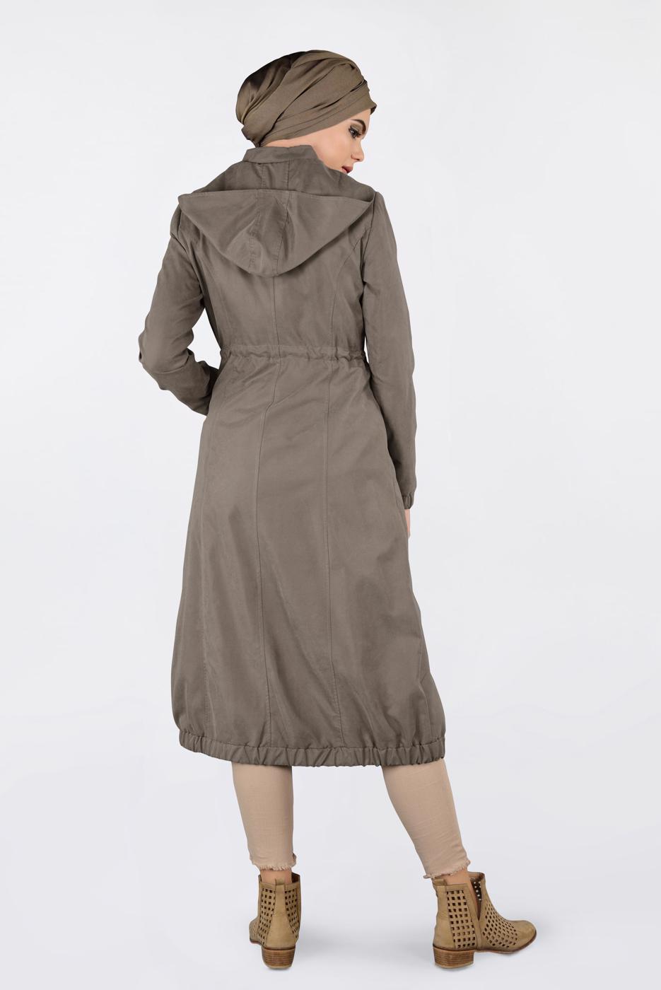Tesettür giyim KAHVE BİLEKLERİ VE ETEK UCU LASTİKLİ KAPÜŞONLU TRENÇKOT 1357 