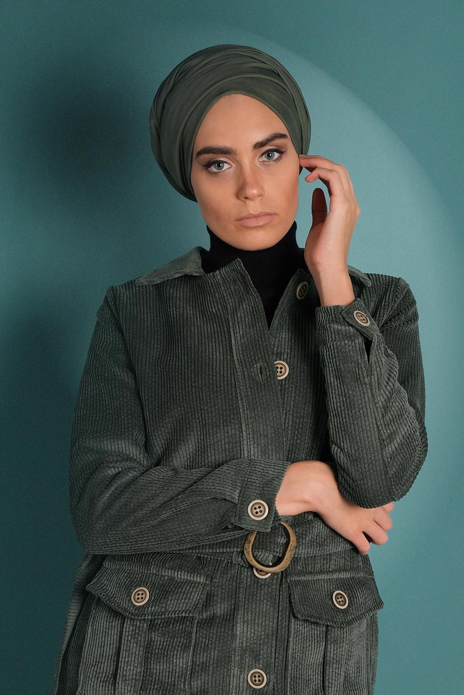 Tesettür giyim HAKİ KEMERLİ FİTİLLİ KADİFE TRENÇKOT 1965