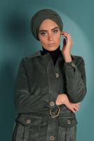 Tesettür giyim HAKİ KEMERLİ FİTİLLİ KADİFE TRENÇKOT 1965
