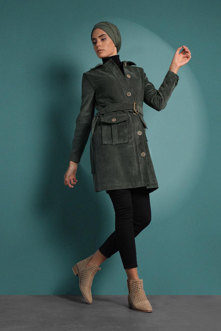 Vêtements hijab KAKI IMPERMÉABLE EN VELOURS CÔTELÉ AVEC CEINTURE 1965