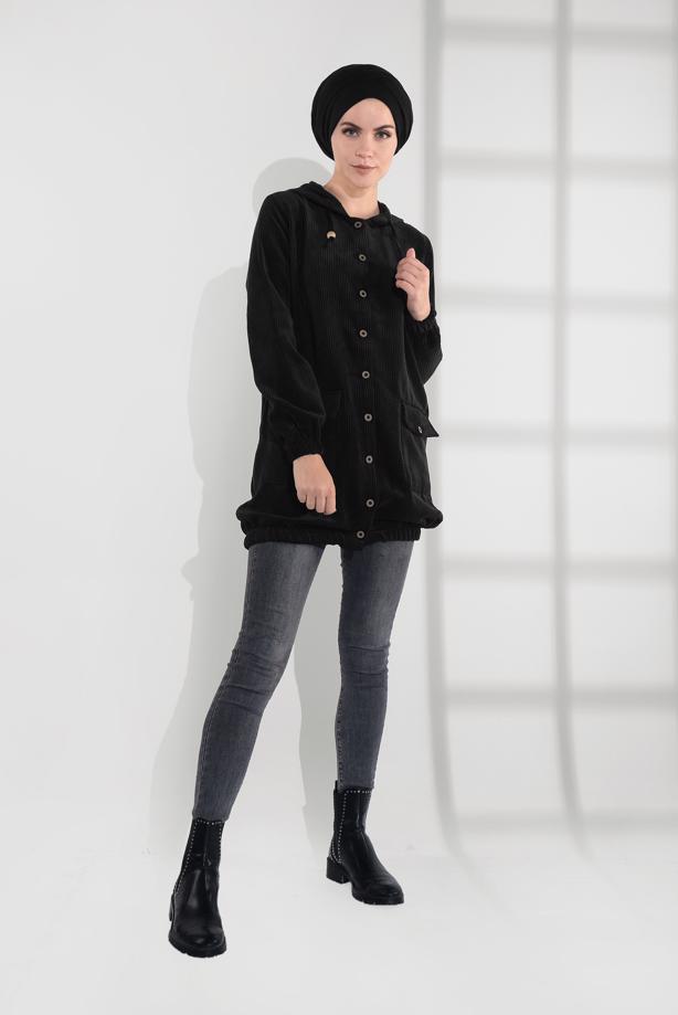 Hijab clothing  HOODED BUTTONED CORDUROY TRENCH-COAT 2004  - TRENDTESETTÜR