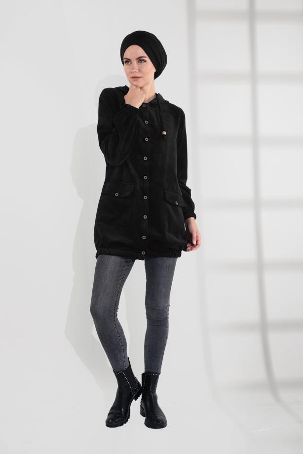 Hijab clothing  HOODED BUTTONED CORDUROY TRENCH-COAT 2004  - TRENDTESETTÜR