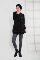 Hijab clothing BLACK HOODED BUTTONED CORDUROY TRENCH-COAT 2004 