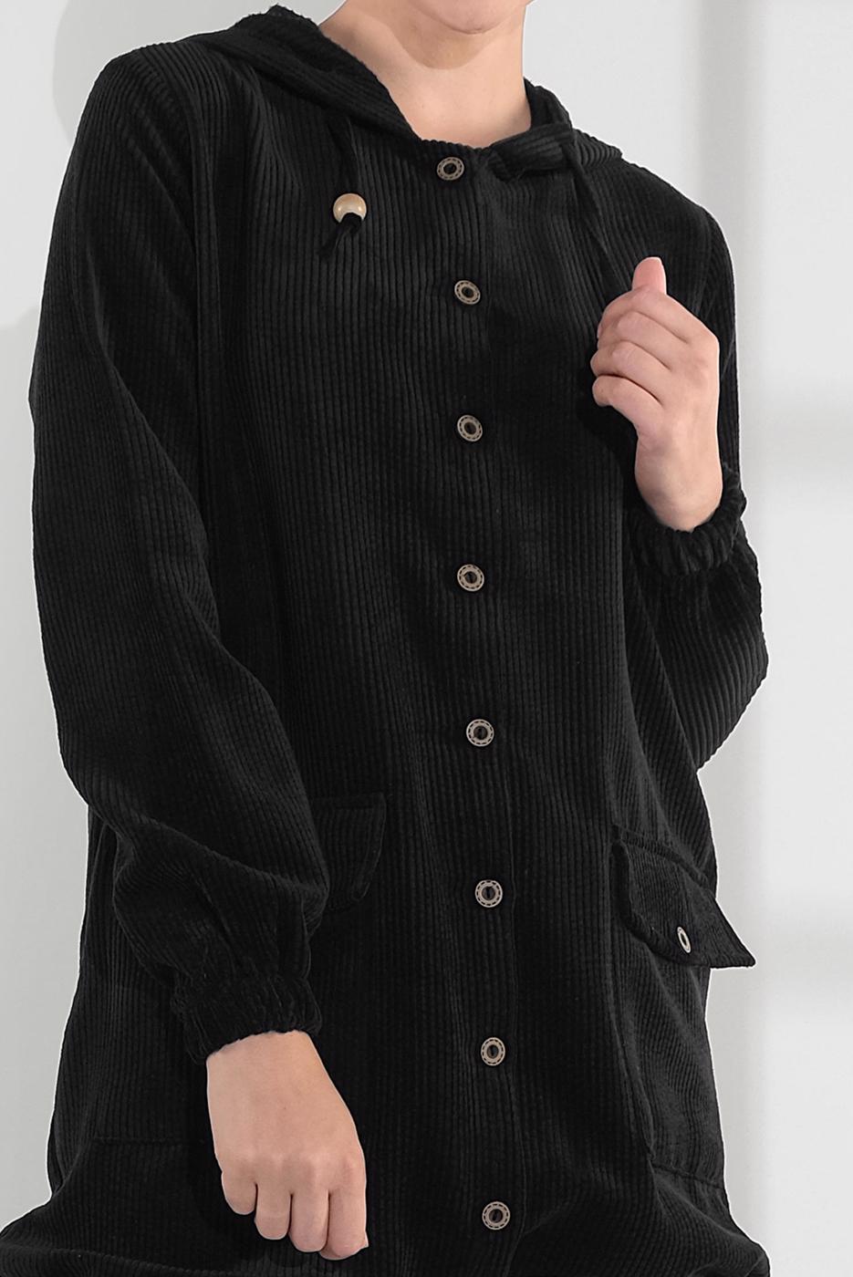 Hijab clothing BLACK HOODED BUTTONED CORDUROY TRENCH-COAT 2004 