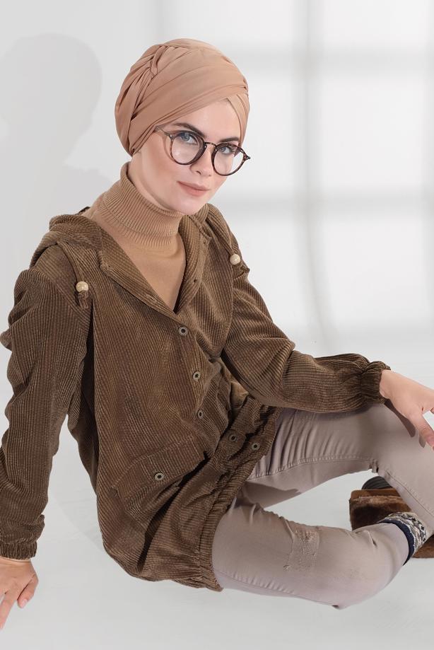 Hijab clothing  HOODED BUTTONED CORDUROY TRENCH-COAT 2004  - TRENDTESETTÜR