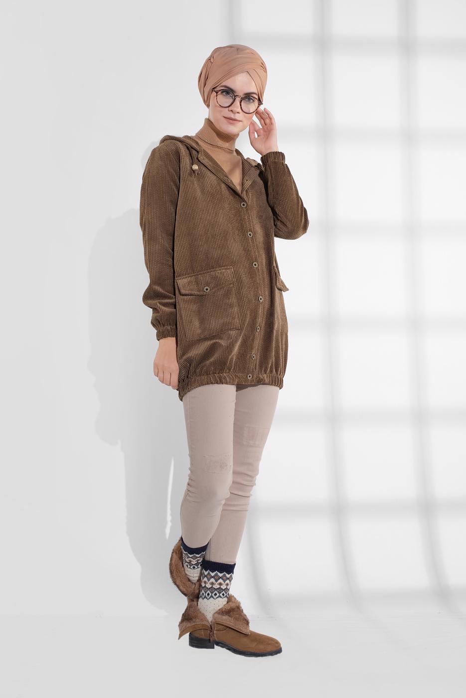 Hijab clothing BROWN HOODED BUTTONED CORDUROY TRENCH-COAT 2004 