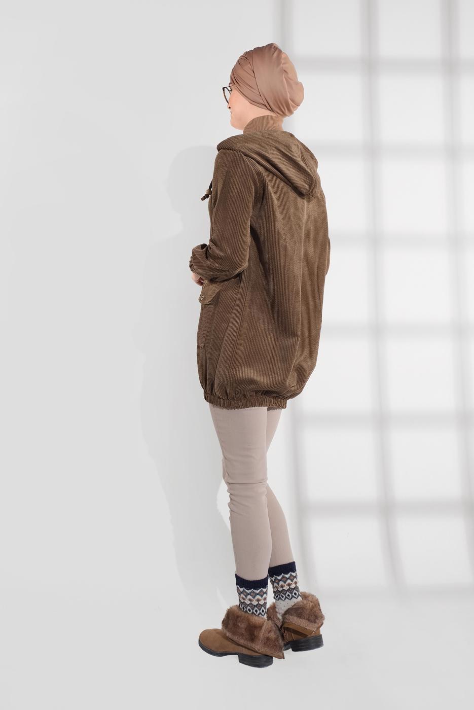 Hijab clothing BROWN HOODED BUTTONED CORDUROY TRENCH-COAT 2004 