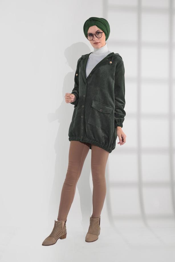 Hijab clothing  HOODED BUTTONED CORDUROY TRENCH-COAT 2004  - TRENDTESETTÜR
