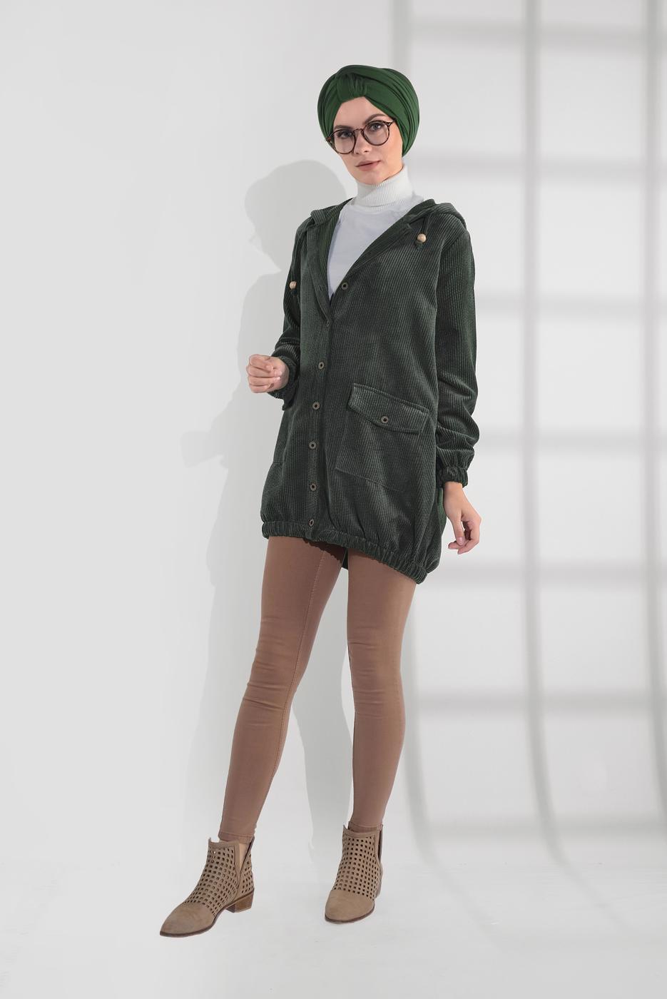 Hijab clothing KHAKI HOODED BUTTONED CORDUROY TRENCH-COAT 2004 