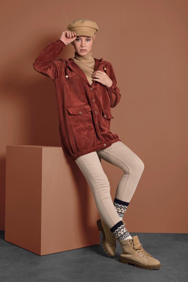 Hijab clothing  HOODED BUTTONED CORDUROY TRENCH-COAT 2004  - TRENDTESETTÜR