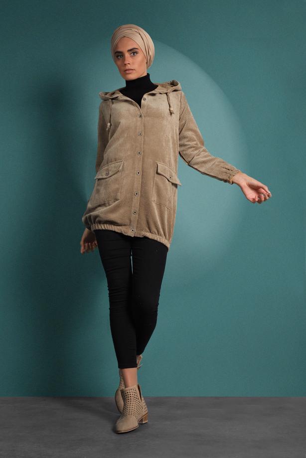 Hijab clothing  HOODED BUTTONED CORDUROY TRENCH-COAT 2004  - TRENDTESETTÜR