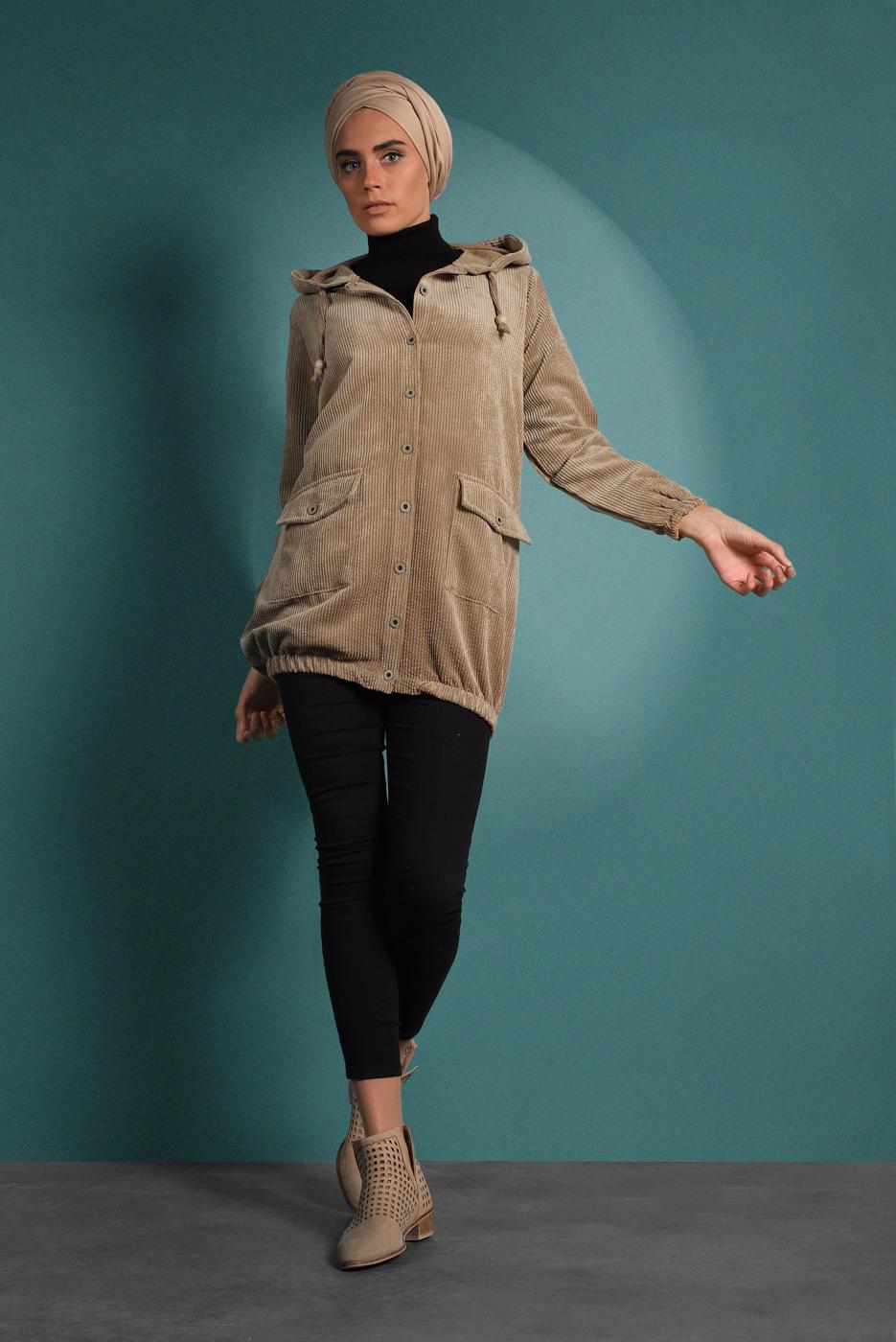 Hijab clothing TABA HOODED BUTTONED CORDUROY TRENCH-COAT 2004 