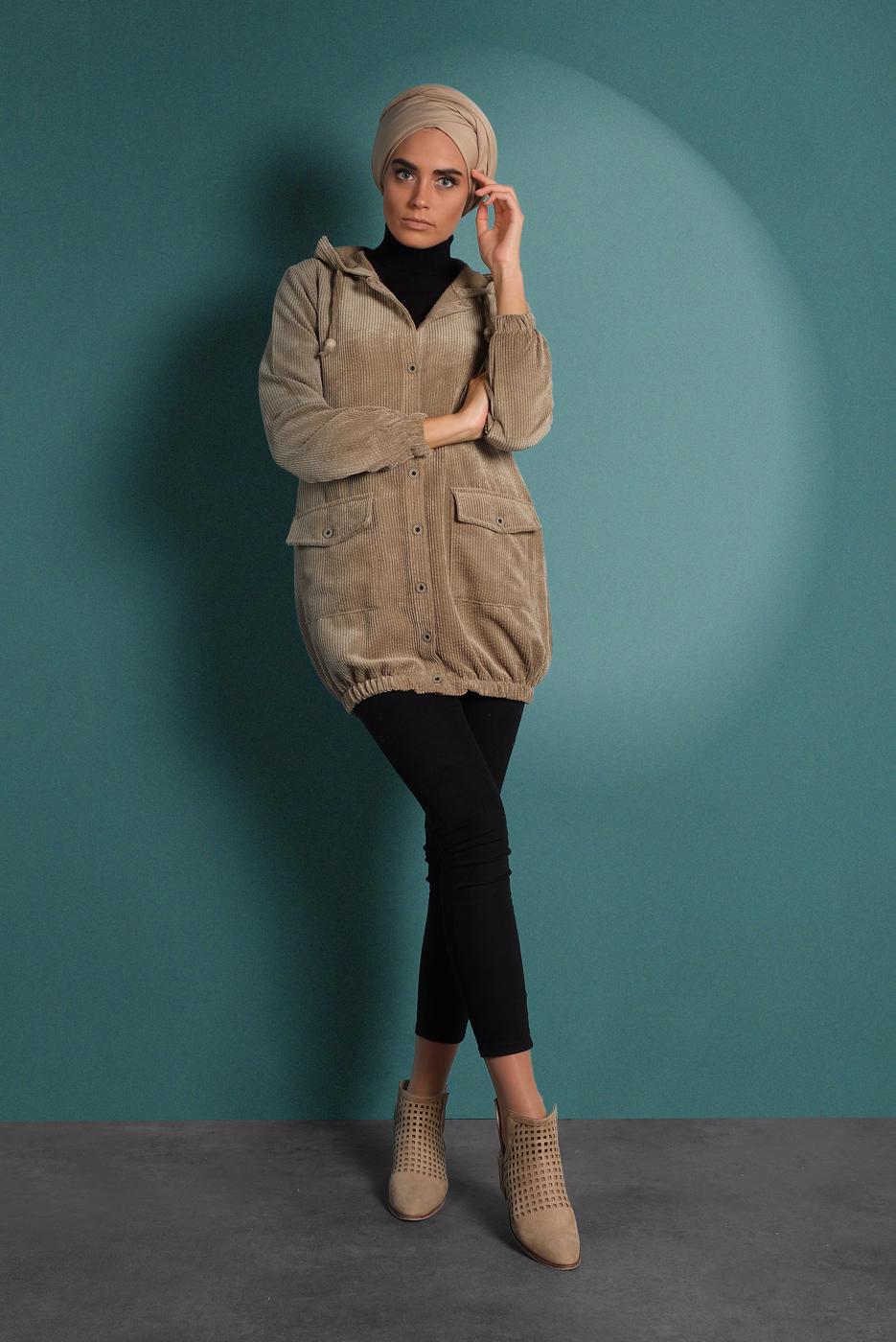 Hijab clothing TABA HOODED BUTTONED CORDUROY TRENCH-COAT 2004 