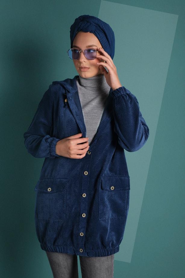 Hijab clothing  HOODED BUTTONED CORDUROY TRENCH-COAT 2004  - TRENDTESETTÜR