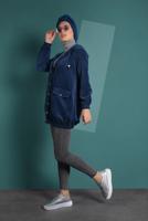 Hijab clothing NAVY BLUE HOODED BUTTONED CORDUROY TRENCH-COAT 2004 