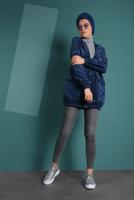 Hijab clothing NAVY BLUE HOODED BUTTONED CORDUROY TRENCH-COAT 2004 