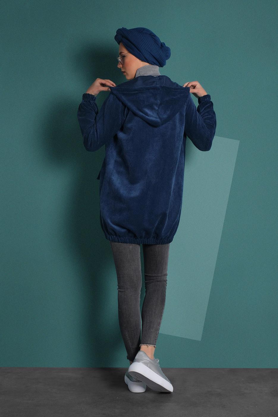 Hijab clothing NAVY BLUE HOODED BUTTONED CORDUROY TRENCH-COAT 2004 