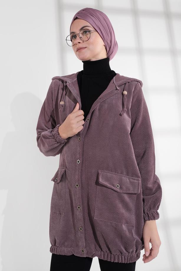 Hijab clothing  HOODED BUTTONED CORDUROY TRENCH-COAT 2004  - TRENDTESETTÜR