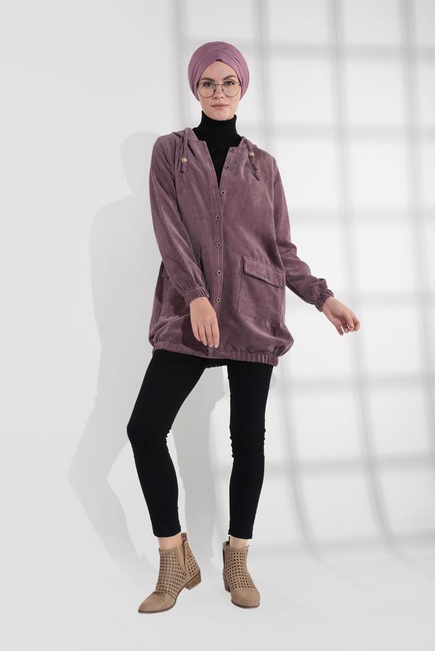 Hijab clothing  HOODED BUTTONED CORDUROY TRENCH-COAT 2004  - TRENDTESETTÜR